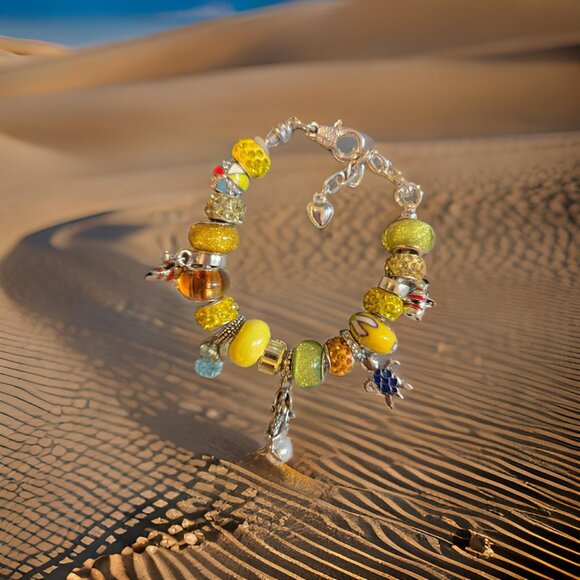 Yellow Beach Charm Bracelet~ w Mermaid~ 7 in plus chain - Picture 1 of 3